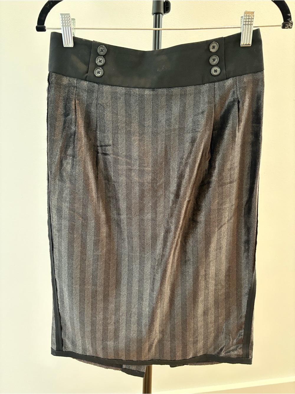Tom K Nguyen Subtle Grey & Silver Striped Velvet Pencil Skirt with Black Detail